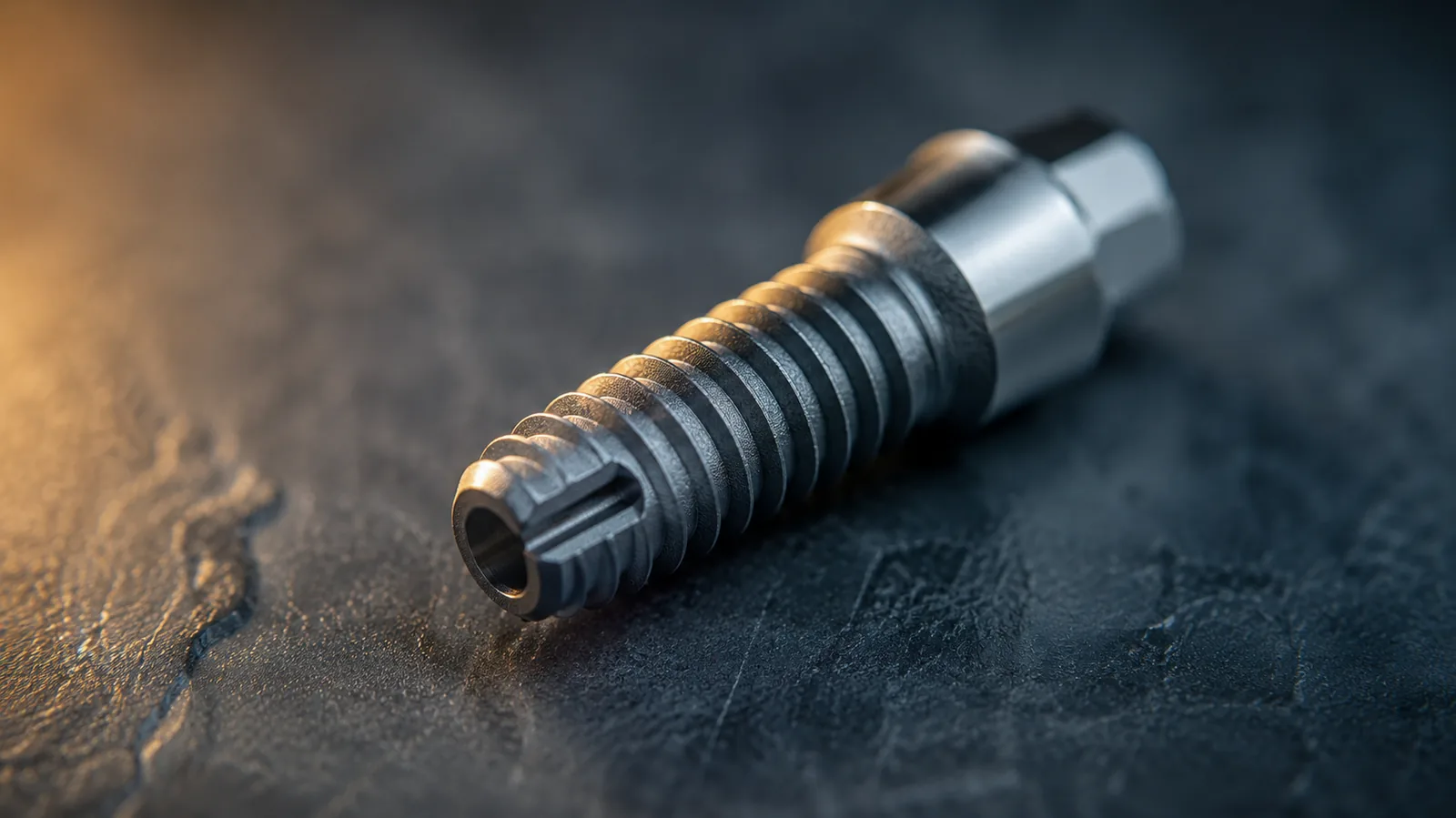 Close-up of a titanium dental implant fixture resting on dark stone, its threads catching low warm light.